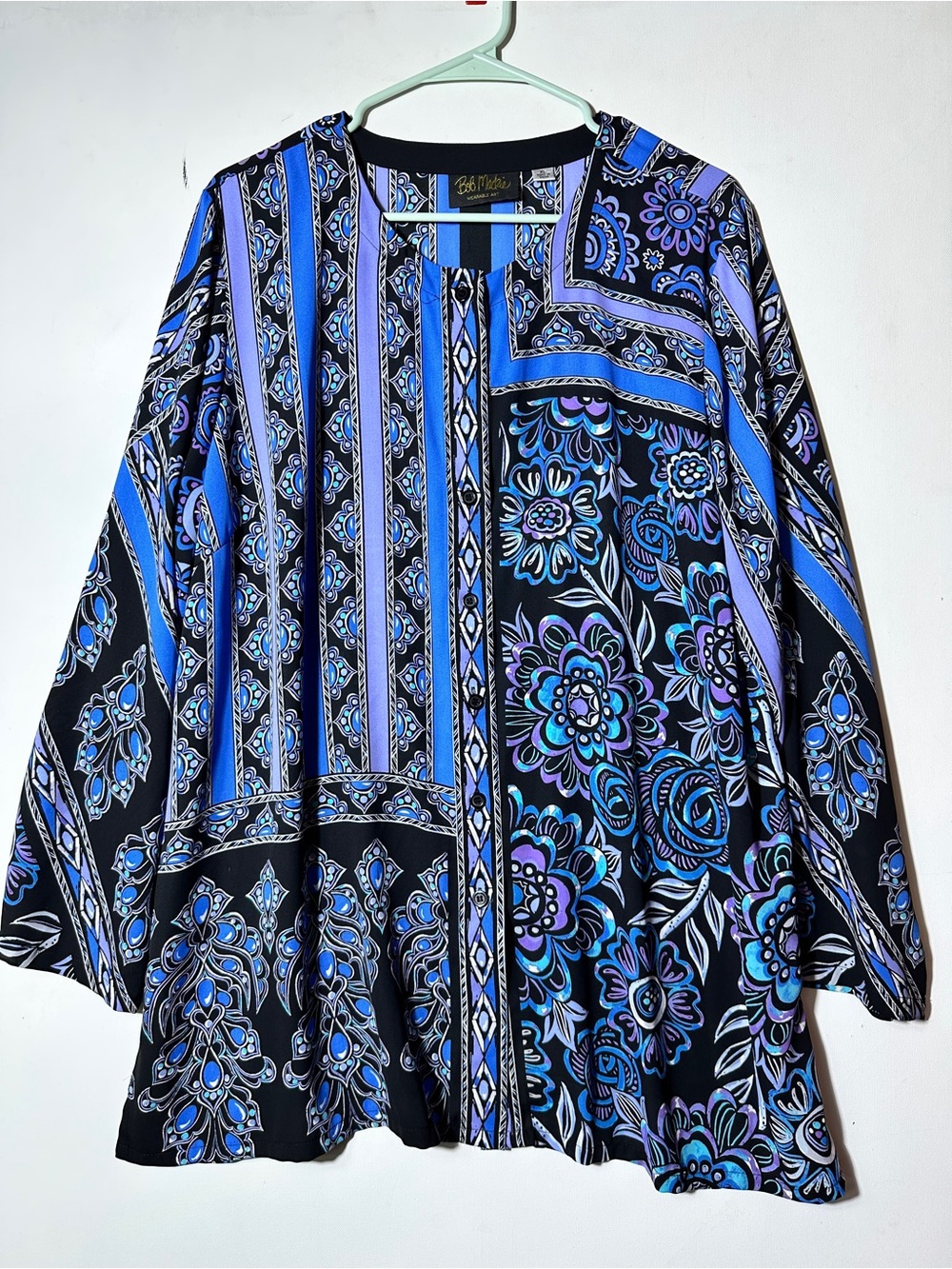 Bob Mackie Vintage Floral Patchwork Tunic Top - Blue & Black & Lavender